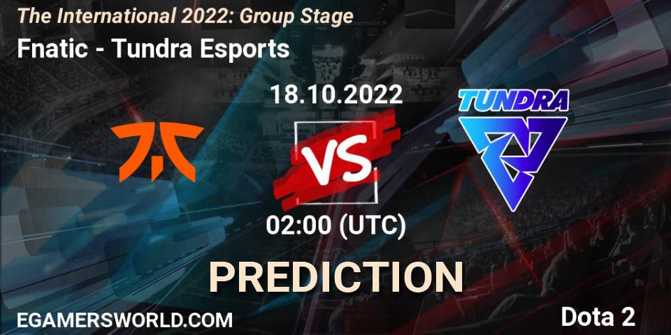 Prognose für das Spiel Fnatic VS Tundra Esports. 18.10.2022 at 02:03. Dota 2 - The International 2022: Group Stage