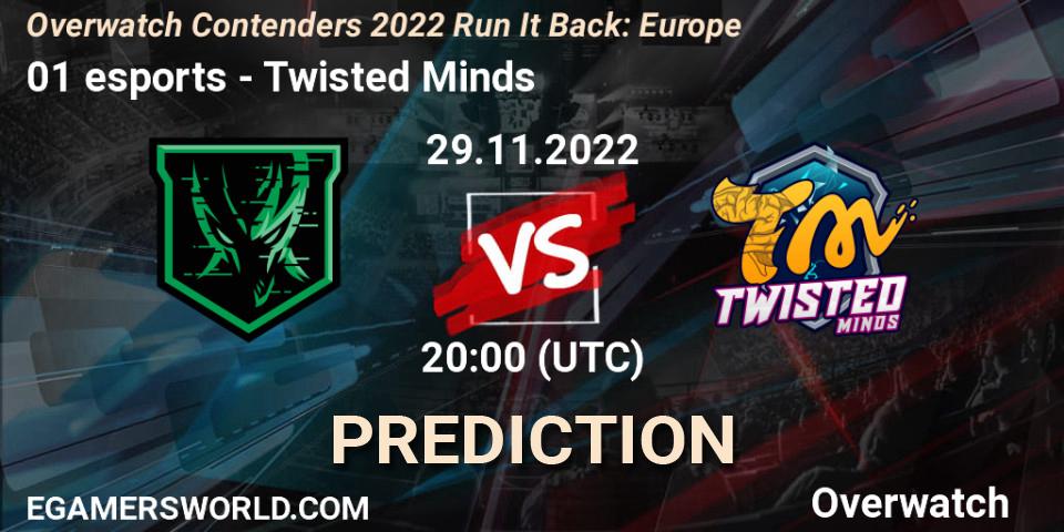 Prognose für das Spiel 01 esports VS Twisted Minds. 29.11.2022 at 20:00. Overwatch - Overwatch Contenders 2022 Run It Back: Europe