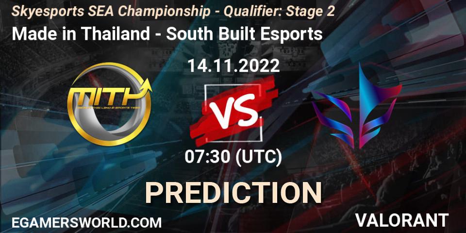 Prognose für das Spiel Made in Thailand VS South Built Esports. 14.11.2022 at 10:30. VALORANT - Skyesports SEA Championship - Qualifier: Stage 2