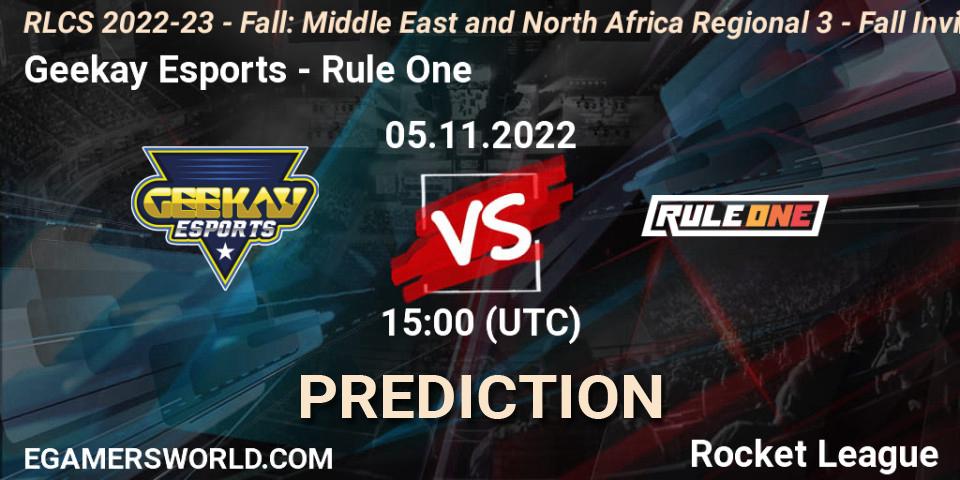 Prognose für das Spiel Geekay Esports VS Rule One. 05.11.2022 at 15:00. Rocket League - RLCS 2022-23 - Fall: Middle East and North Africa Regional 3 - Fall Invitational