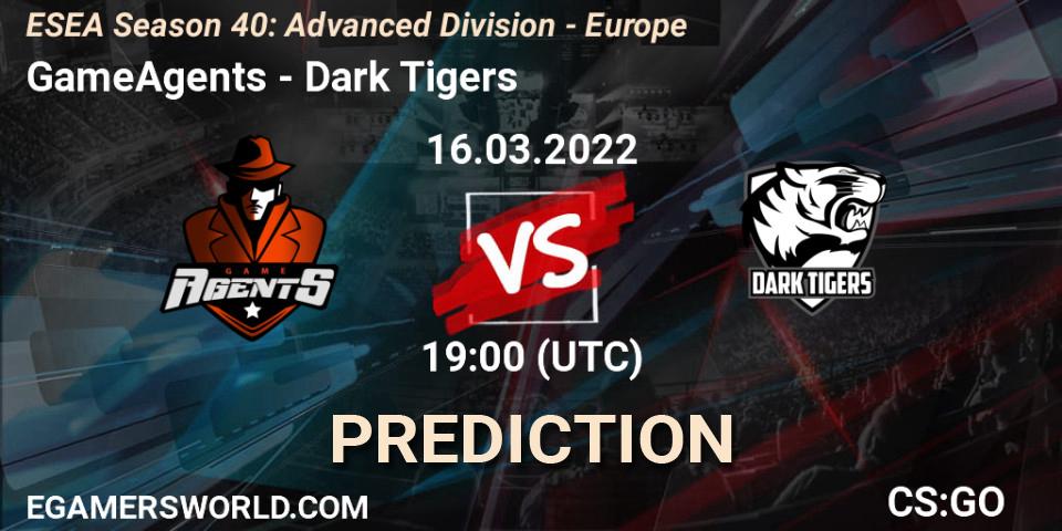 Prognose für das Spiel GameAgents VS Dark Tigers. 16.03.2022 at 19:00. Counter-Strike (CS2) - ESEA Season 40: Advanced Division - Europe