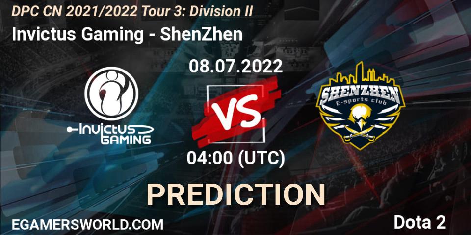 Prognose für das Spiel Invictus Gaming VS ShenZhen. 08.07.2022 at 04:02. Dota 2 - DPC CN 2021/2022 Tour 3: Division II