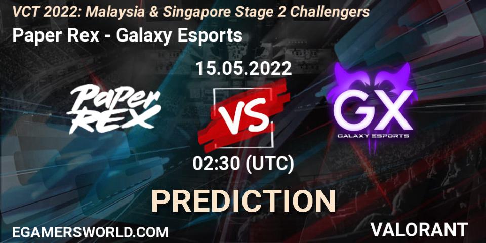 Prognose für das Spiel Paper Rex VS Galaxy Esports. 15.05.2022 at 02:30. VALORANT - VCT 2022: Malaysia & Singapore Stage 2 Challengers