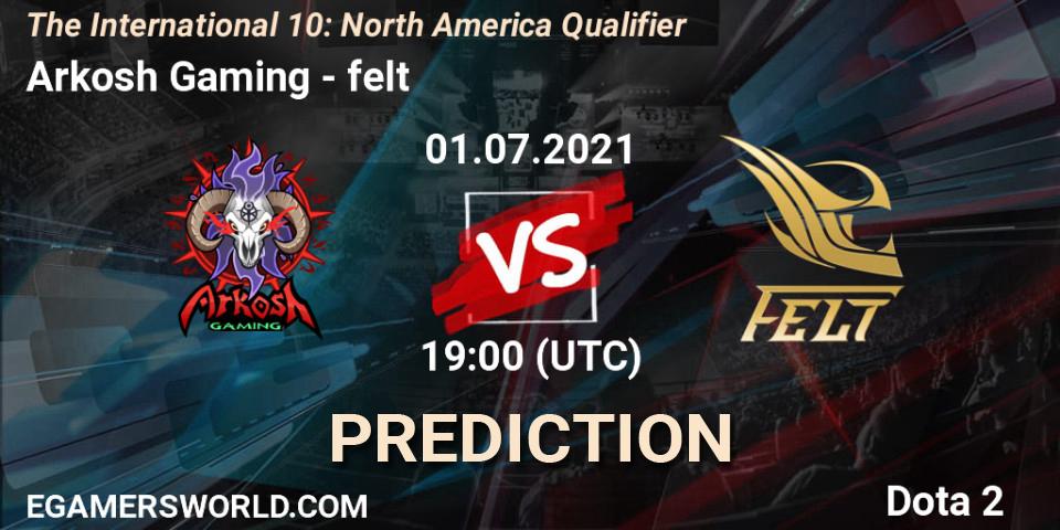 Prognose für das Spiel Arkosh Gaming VS felt. 01.07.2021 at 19:47. Dota 2 - The International 10: North America Qualifier