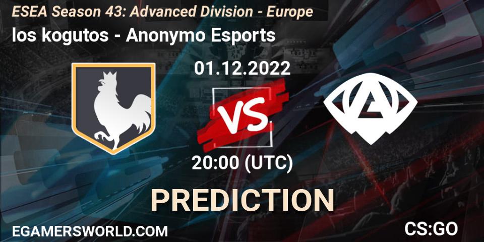 Prognose für das Spiel los kogutos VS Anonymo Esports. 01.12.2022 at 20:00. Counter-Strike (CS2) - ESEA Season 43: Advanced Division - Europe