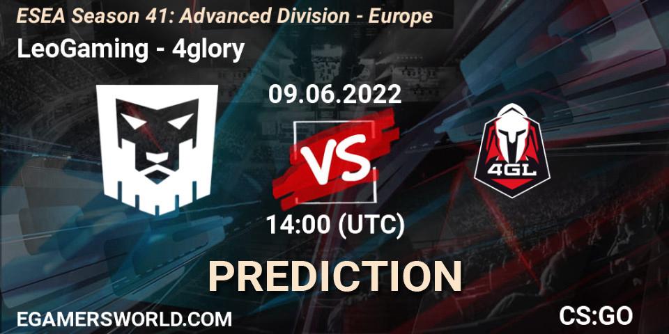 Prognose für das Spiel LeoGaming VS 4glory. 09.06.2022 at 14:00. Counter-Strike (CS2) - ESEA Season 41: Advanced Division - Europe