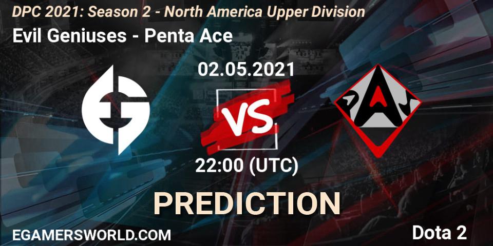 Prognose für das Spiel Evil Geniuses VS Penta Ace. 02.05.2021 at 22:00. Dota 2 - DPC 2021: Season 2 - North America Upper Division 