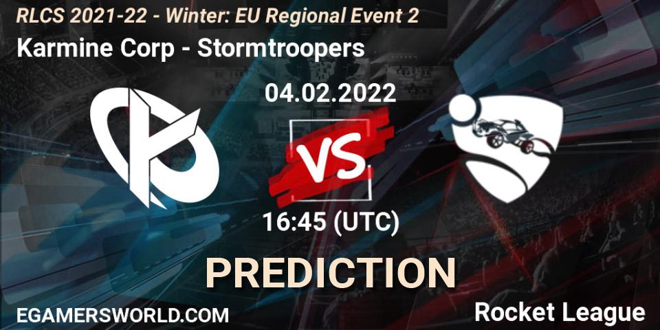 Prognose für das Spiel Karmine Corp VS Stormtroopers. 04.02.2022 at 16:45. Rocket League - RLCS 2021-22 - Winter: EU Regional Event 2