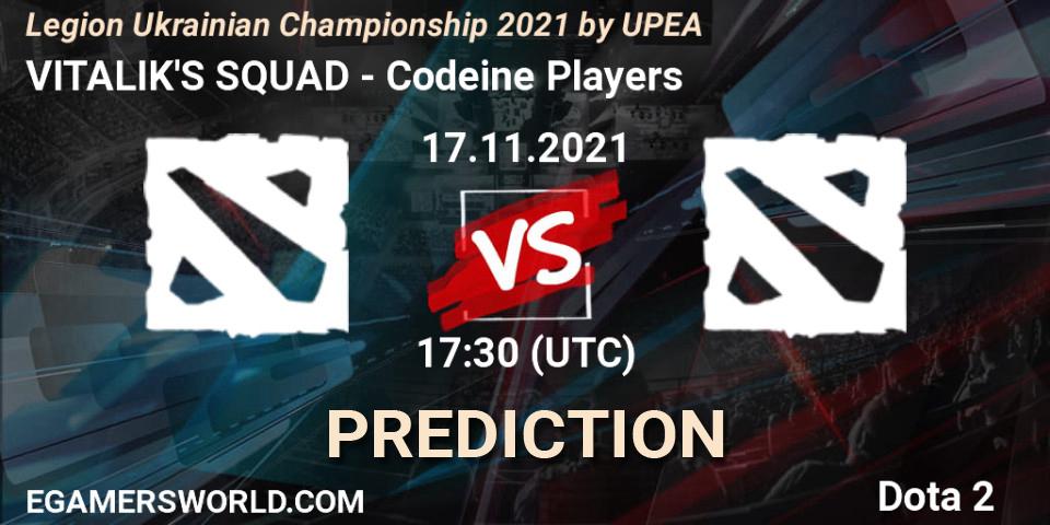 Prognose für das Spiel VITALIK'S SQUAD VS Codeine Players. 17.11.2021 at 17:30. Dota 2 - Legion Ukrainian Championship 2021 by UPEA