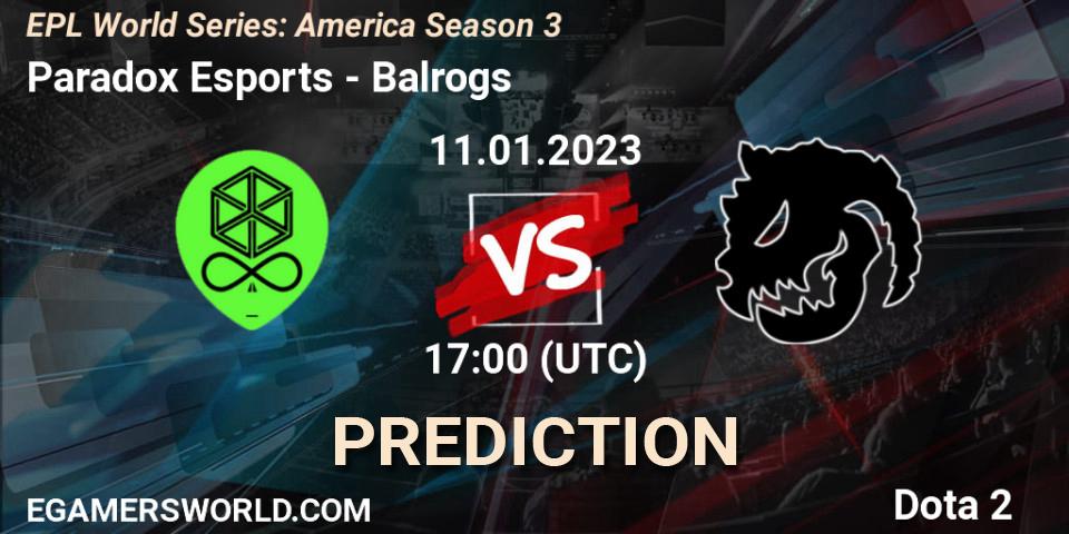 Prognose für das Spiel Paradox Esports VS Balrogs. 11.01.2023 at 17:09. Dota 2 - EPL World Series: America Season 3