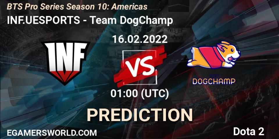 Prognose für das Spiel INF.UESPORTS VS Team DogChamp. 15.02.2022 at 22:58. Dota 2 - BTS Pro Series Season 10: Americas
