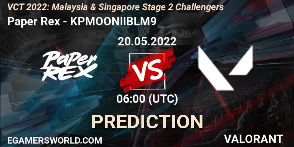 Prognose für das Spiel Paper Rex VS KPMOONIIBLM9. 20.05.2022 at 06:00. VALORANT - VCT 2022: Malaysia & Singapore Stage 2 Challengers