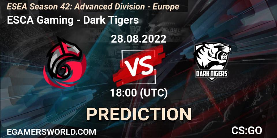 Prognose für das Spiel ESCA Gaming VS Dark Tigers. 28.08.2022 at 18:00. Counter-Strike (CS2) - ESEA Season 42: Advanced Division - Europe