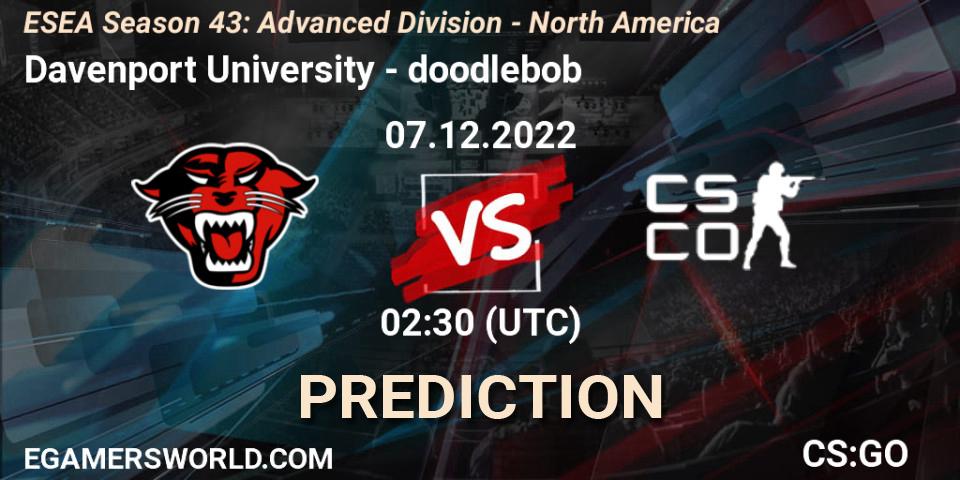 Prognose für das Spiel Davenport University VS doodlebob. 07.12.2022 at 01:00. Counter-Strike (CS2) - ESEA Season 43: Advanced Division - North America