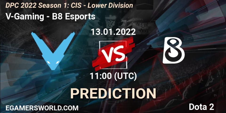 Prognose für das Spiel V-Gaming VS B8 Esports. 13.01.2022 at 11:00. Dota 2 - DPC 2022 Season 1: CIS - Lower Division