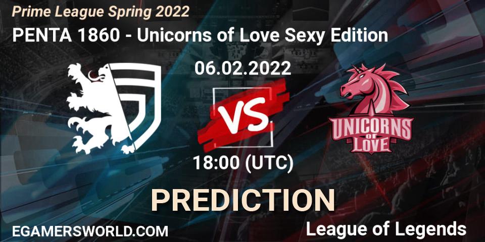 Prognose für das Spiel PENTA 1860 VS Unicorns of Love Sexy Edition. 06.02.2022 at 17:00. LoL - Prime League Spring 2022
