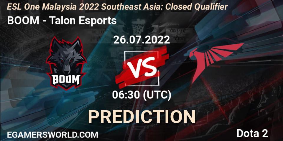 Prognose für das Spiel BOOM VS Talon Esports. 26.07.2022 at 07:05. Dota 2 - ESL One Malaysia 2022 Southeast Asia: Closed Qualifier