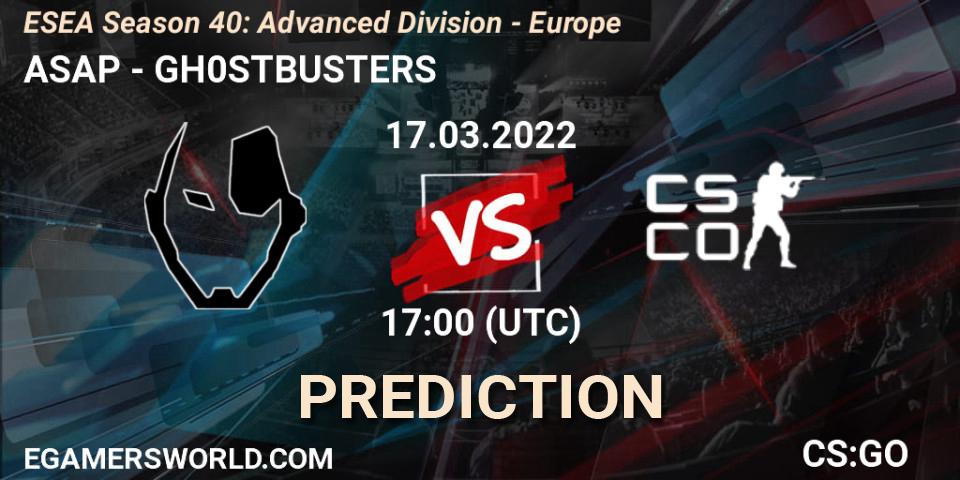 Prognose für das Spiel ASAP VS GH0STBUSTERS. 17.03.2022 at 17:00. Counter-Strike (CS2) - ESEA Season 40: Advanced Division - Europe