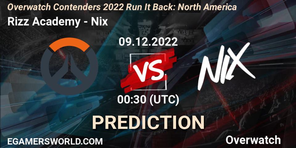Prognose für das Spiel Rizz Academy VS Nix. 09.12.2022 at 00:30. Overwatch - Overwatch Contenders 2022 Run It Back: North America