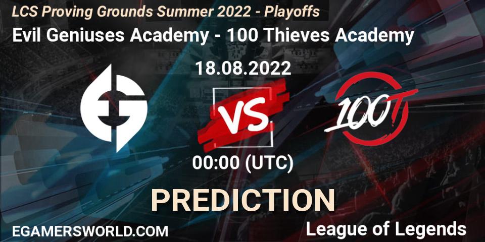 Prognose für das Spiel Evil Geniuses Academy VS 100 Thieves Academy. 18.08.22. LoL - LCS Proving Grounds Summer 2022 - Playoffs