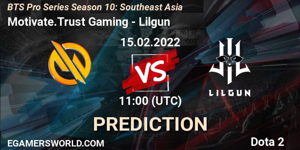 Prognose für das Spiel Motivate.Trust Gaming VS Lilgun. 15.02.2022 at 11:15. Dota 2 - BTS Pro Series Season 10: Southeast Asia