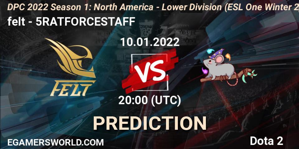 Prognose für das Spiel felt VS 5RATFORCESTAFF. 10.01.2022 at 20:22. Dota 2 - DPC 2022 Season 1: North America - Lower Division (ESL One Winter 2021)