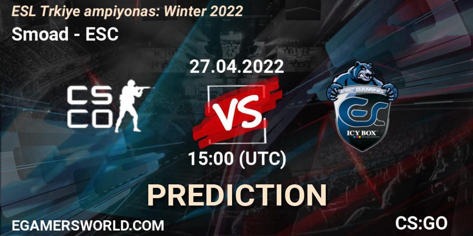 Prognose für das Spiel Smoad VS ESC. 27.04.2022 at 15:00. Counter-Strike (CS2) - ESL Türkiye Şampiyonası: Winter 2022