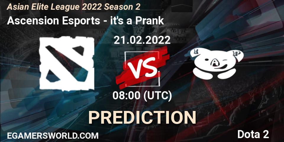 Prognose für das Spiel Ascension Esports VS it's a Prank. 21.02.2022 at 08:00. Dota 2 - Asian Elite League 2022 Season 2