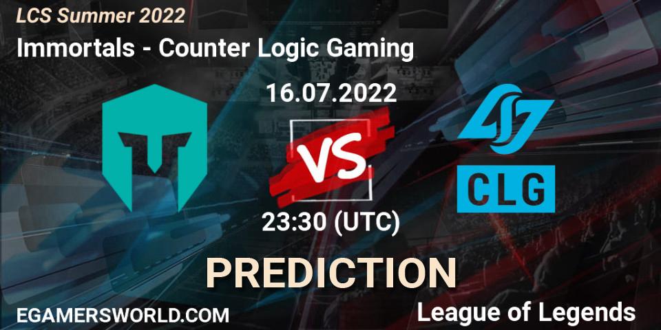 Prognose für das Spiel Immortals VS Counter Logic Gaming. 16.07.22. LoL - LCS Summer 2022