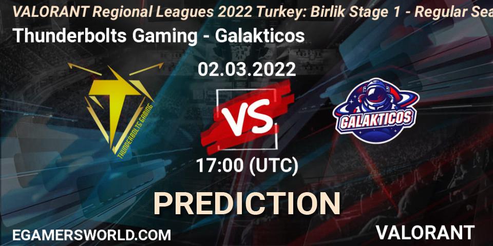 Prognose für das Spiel Thunderbolts Gaming VS Galakticos. 02.03.2022 at 17:00. VALORANT - VALORANT Regional Leagues 2022 Turkey: Birlik Stage 1 - Regular Season