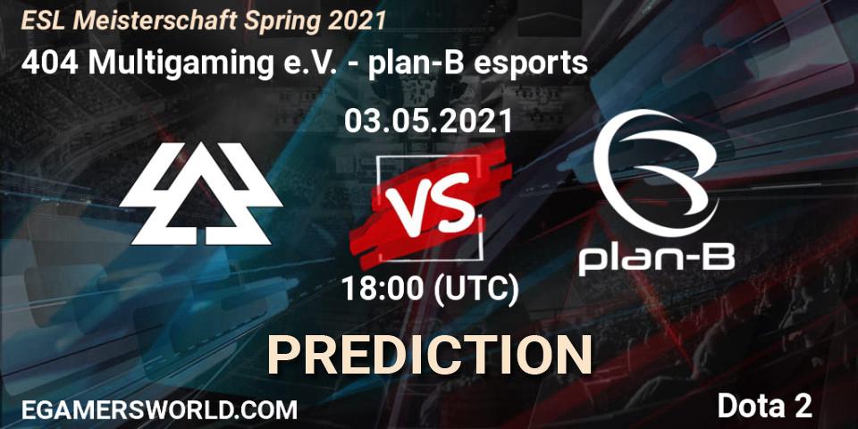 Prognose für das Spiel 404 Multigaming e.V. VS plan-B esports. 03.05.2021 at 18:16. Dota 2 - ESL Meisterschaft Spring 2021