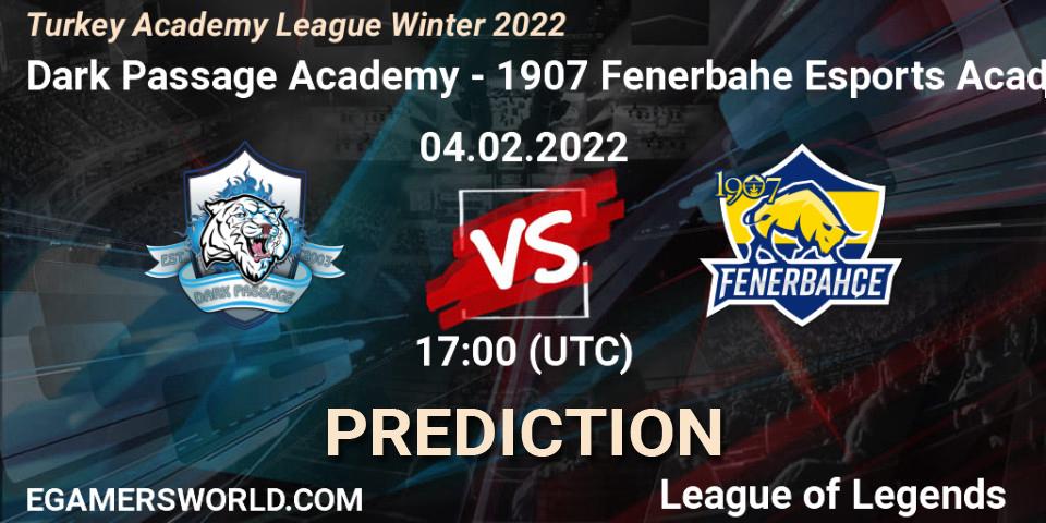 Prognose für das Spiel Dark Passage Academy VS 1907 Fenerbahçe Esports Academy. 04.02.2022 at 17:00. LoL - Turkey Academy League Winter 2022
