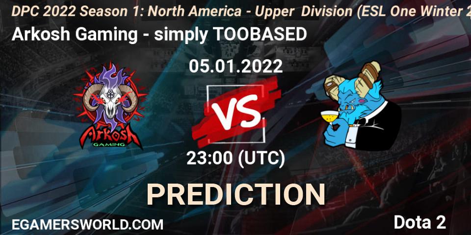 Prognose für das Spiel Arkosh Gaming VS simply TOOBASED. 06.01.2022 at 00:13. Dota 2 - DPC 2022 Season 1: North America - Upper Division (ESL One Winter 2021)