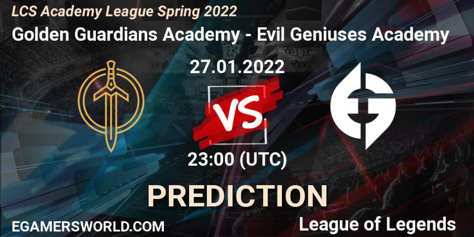 Prognose für das Spiel Golden Guardians Academy VS Evil Geniuses Academy. 27.01.2022 at 23:00. LoL - LCS Academy League Spring 2022