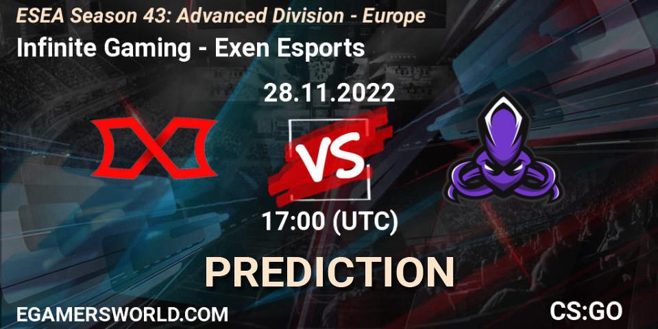 Prognose für das Spiel Infinite Gaming VS Exen Esports. 28.11.22. CS2 (CS:GO) - ESEA Season 43: Advanced Division - Europe