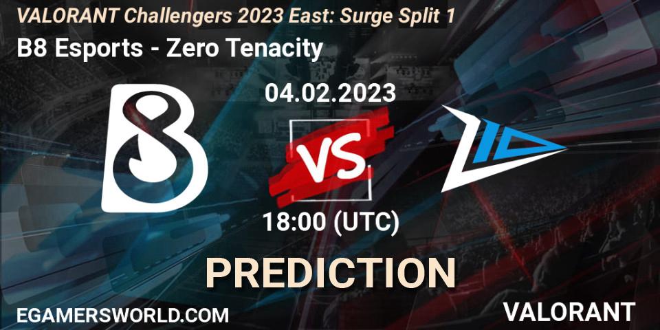 Prognose für das Spiel B8 Esports VS Zero Tenacity. 04.02.23. VALORANT - VALORANT Challengers 2023 East: Surge Split 1
