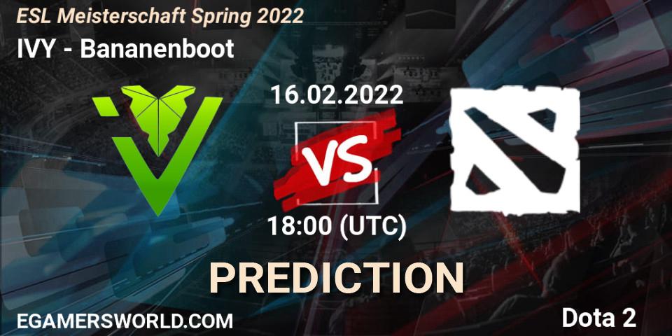 Prognose für das Spiel IVY VS Bananenboot. 16.02.2022 at 18:31. Dota 2 - ESL Meisterschaft Spring 2022