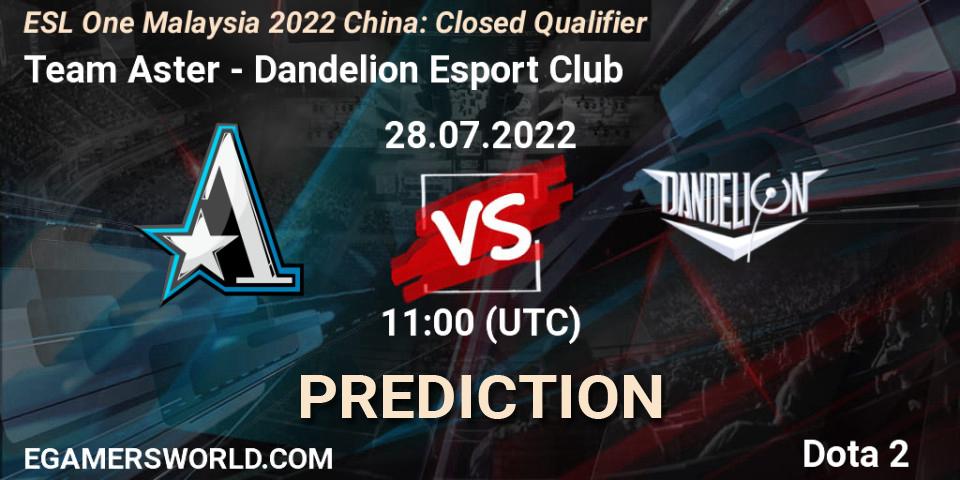 Prognose für das Spiel Team Aster VS Dandelion Esport Club. 28.07.2022 at 11:00. Dota 2 - ESL One Malaysia 2022 China: Closed Qualifier