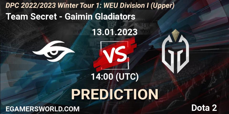 Prognose für das Spiel Team Secret VS Gaimin Gladiators. 13.01.2023 at 13:55. Dota 2 - DPC 2022/2023 Winter Tour 1: WEU Division I (Upper)