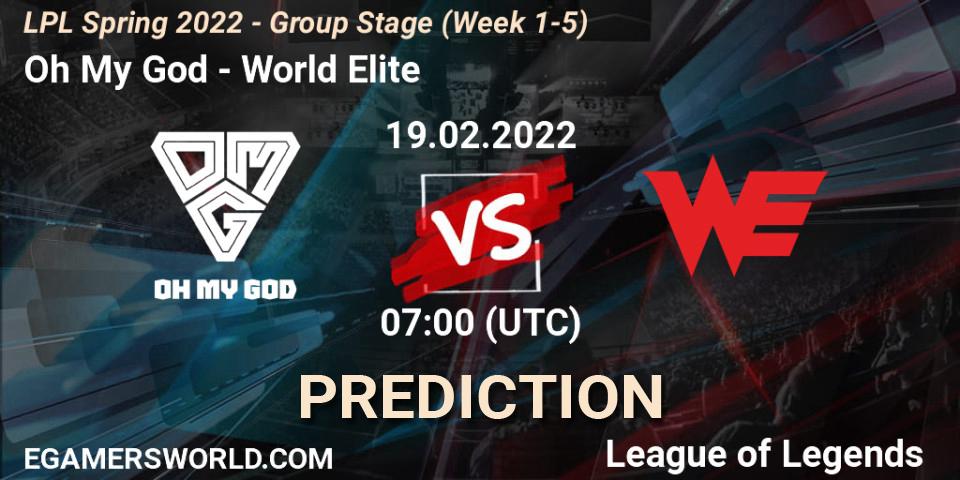 Prognose für das Spiel Oh My God VS World Elite. 19.02.2022 at 07:00. LoL - LPL Spring 2022 - Group Stage (Week 1-5)