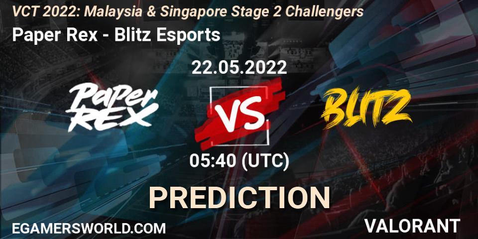 Prognose für das Spiel Paper Rex VS Blitz Esports. 22.05.2022 at 05:40. VALORANT - VCT 2022: Malaysia & Singapore Stage 2 Challengers