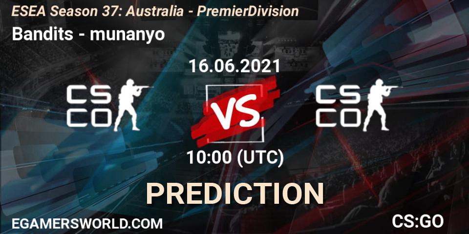 Prognose für das Spiel Bandits VS munanyo. 16.06.2021 at 10:00. Counter-Strike (CS2) - ESEA Season 37: Australia - Premier Division