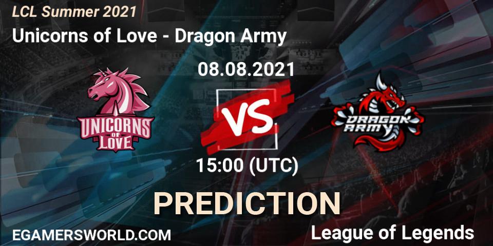 Prognose für das Spiel Unicorns of Love VS Dragon Army. 08.08.21. LoL - LCL Summer 2021
