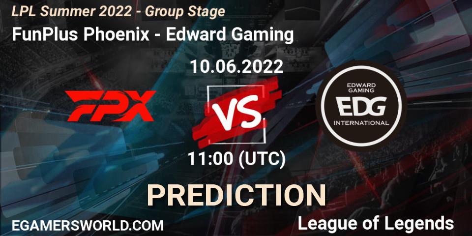 Prognose für das Spiel FunPlus Phoenix VS Edward Gaming. 10.06.2022 at 11:45. LoL - LPL Summer 2022 - Group Stage