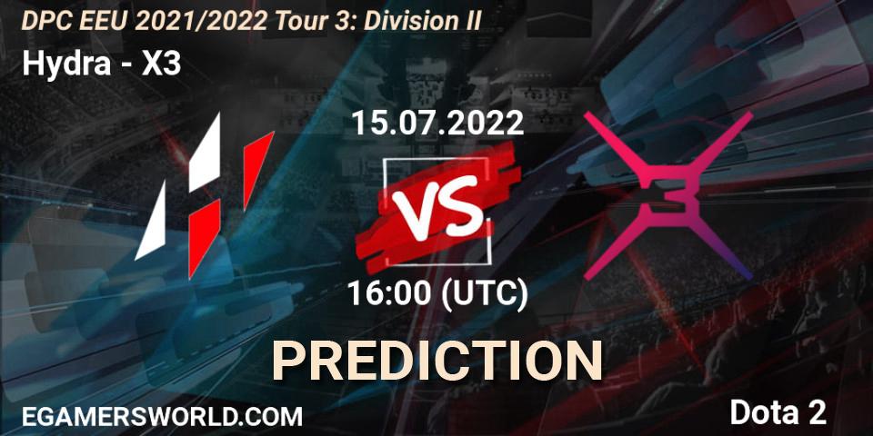 Prognose für das Spiel Hydra VS X3. 15.07.2022 at 16:01. Dota 2 - DPC EEU 2021/2022 Tour 3: Division II