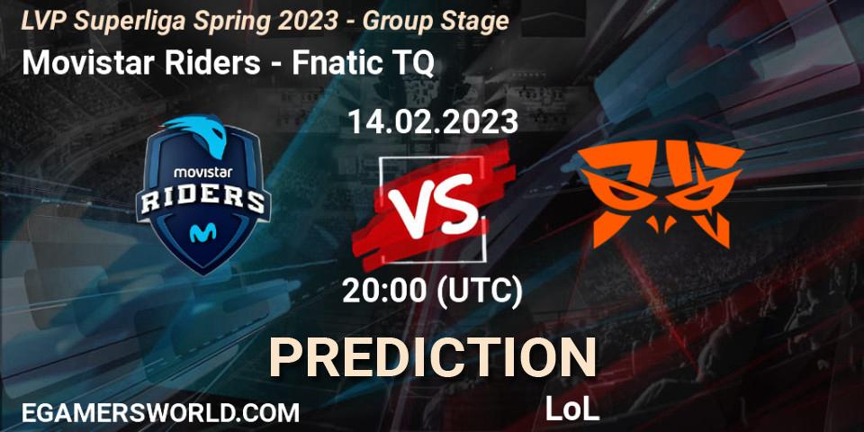 Prognose für das Spiel Movistar Riders VS Fnatic TQ. 14.02.2023 at 21:00. LoL - LVP Superliga Spring 2023 - Group Stage