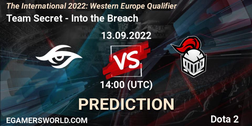 Prognose für das Spiel Team Secret VS Into the Breach. 13.09.2022 at 13:41. Dota 2 - The International 2022: Western Europe Qualifier