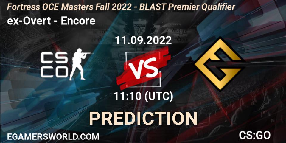 Prognose für das Spiel ex-Overt VS Encore. 11.09.22. CS2 (CS:GO) - Fortress OCE Masters Fall 2022 - BLAST Premier Qualifier