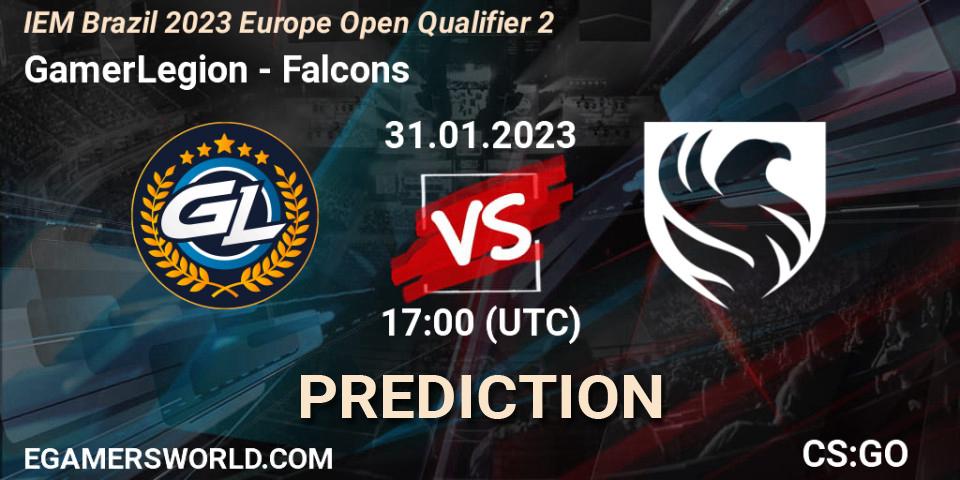 Prognose für das Spiel GamerLegion VS Falcons. 31.01.2023 at 17:00. Counter-Strike (CS2) - IEM Brazil Rio 2023 Europe Open Qualifier 2