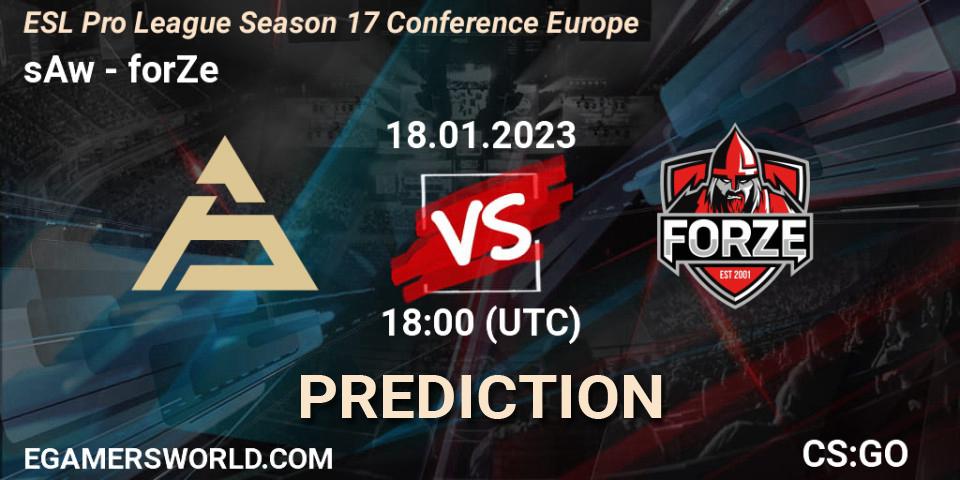 Prognose für das Spiel sAw VS forZe. 18.01.2023 at 15:30. Counter-Strike (CS2) - ESL Pro League Season 17 Conference Europe